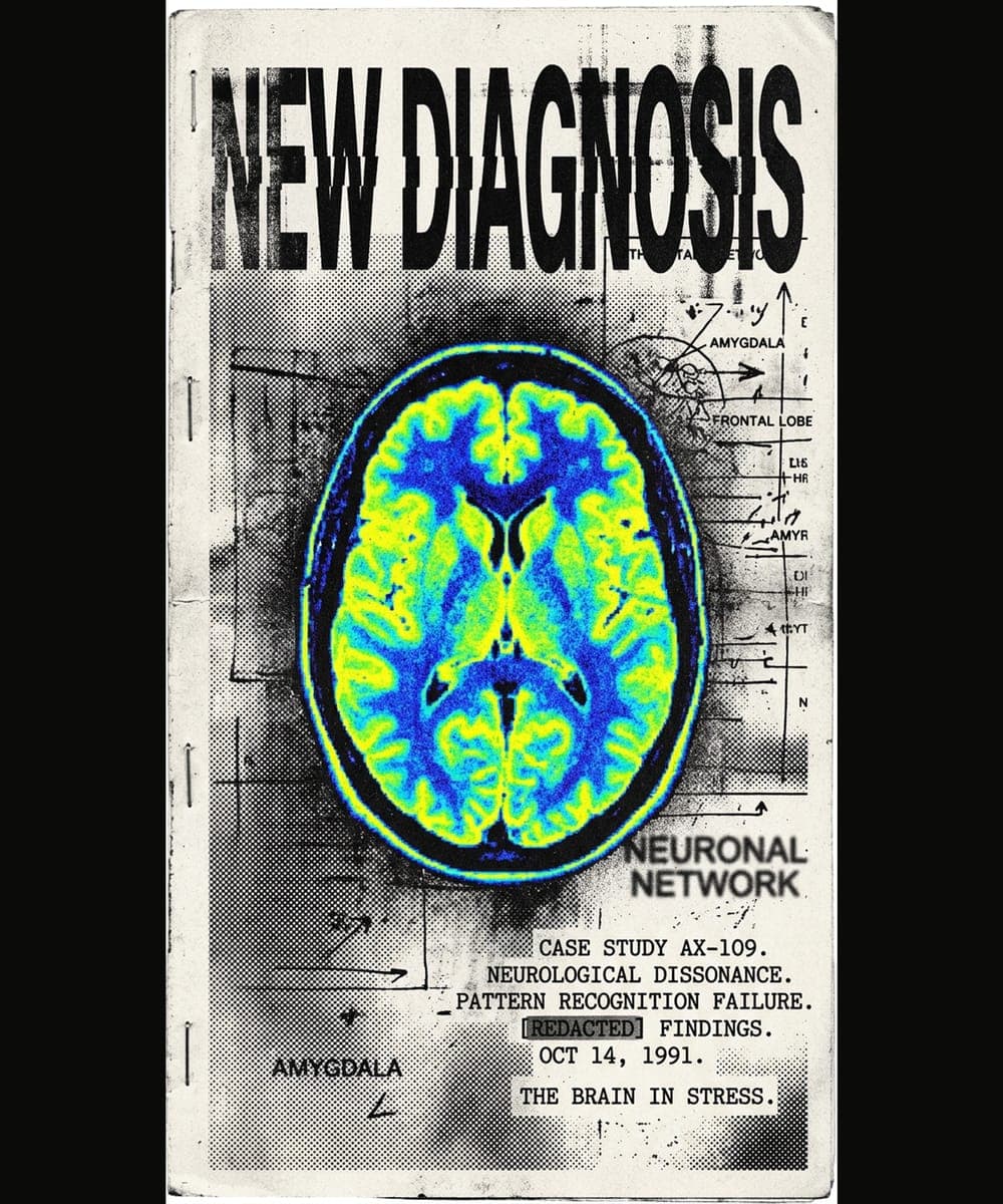 Stapled photocopy zine cover with a thermal brain scan — category art for the printable zine art lane.