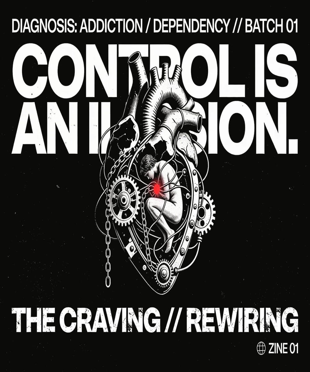 Engraved-style mechanical heart of gears and chains cradling a crouched figure, titled 'Control Is an Illusion'.