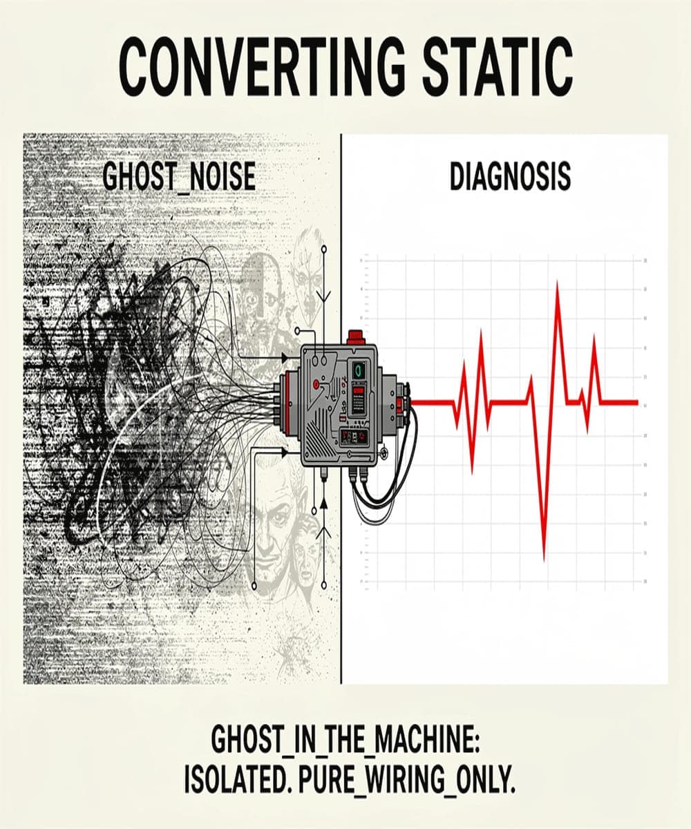 Two-panel diagram showing scribbled noise converted through a device into a clean red pulse line, titled 'Converting Static'.