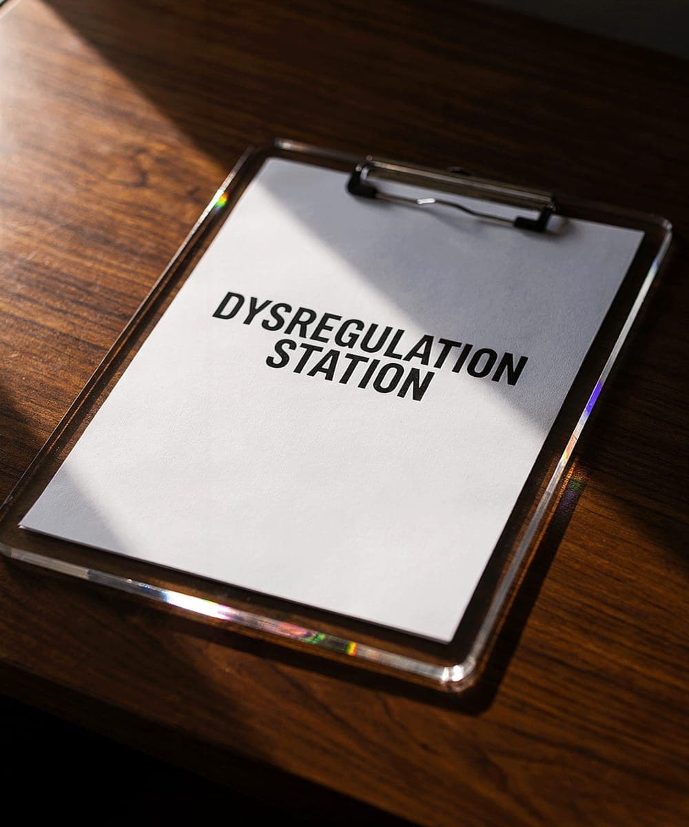 Clipboard on a wood desk holding a printed sheet reading 'Dysregulation Station'.