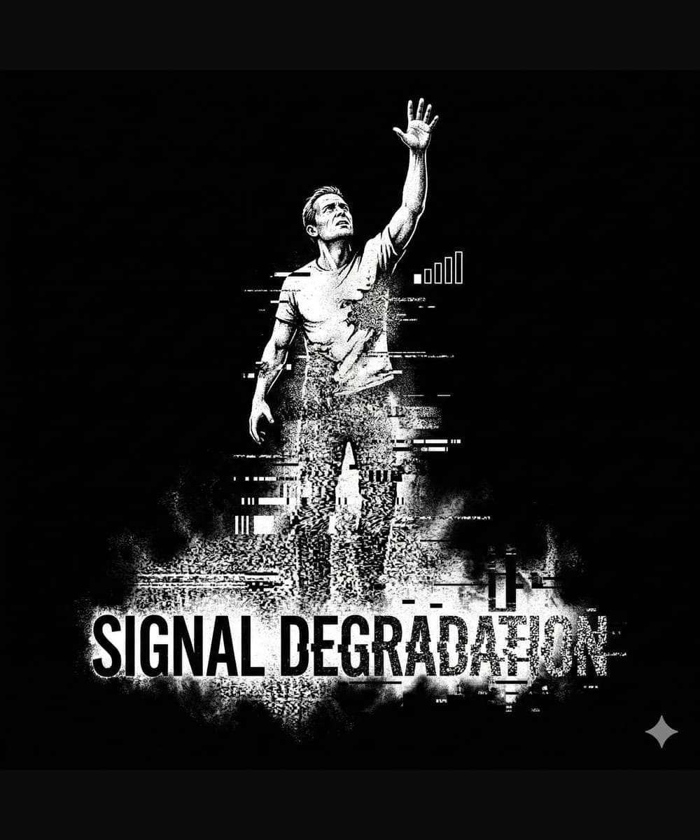High-contrast illustration of a man dissolving into static while reaching toward signal bars, titled 'Signal Degradation'.