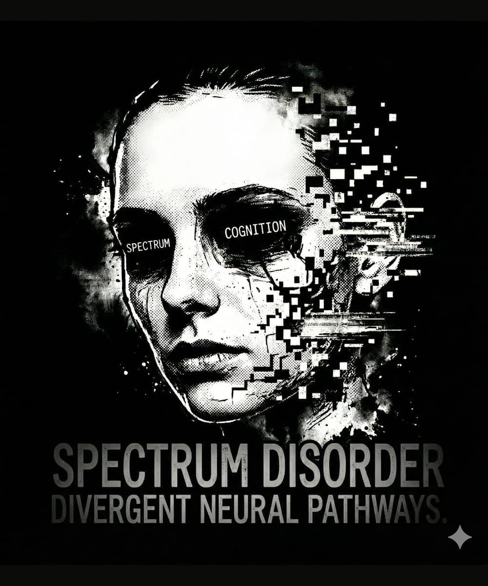 Halftone portrait of a face pixelating apart with the words 'Spectrum Disorder — Divergent Neural Pathways'.