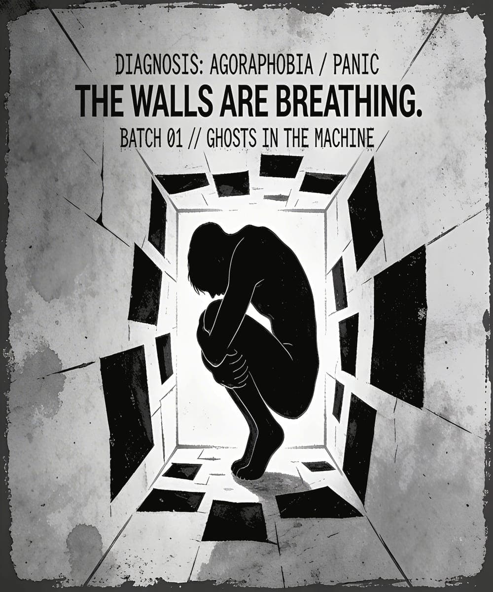 Woodcut-style crouched silhouette inside a torn-paper box closing inward, titled 'The Walls Are Breathing'.