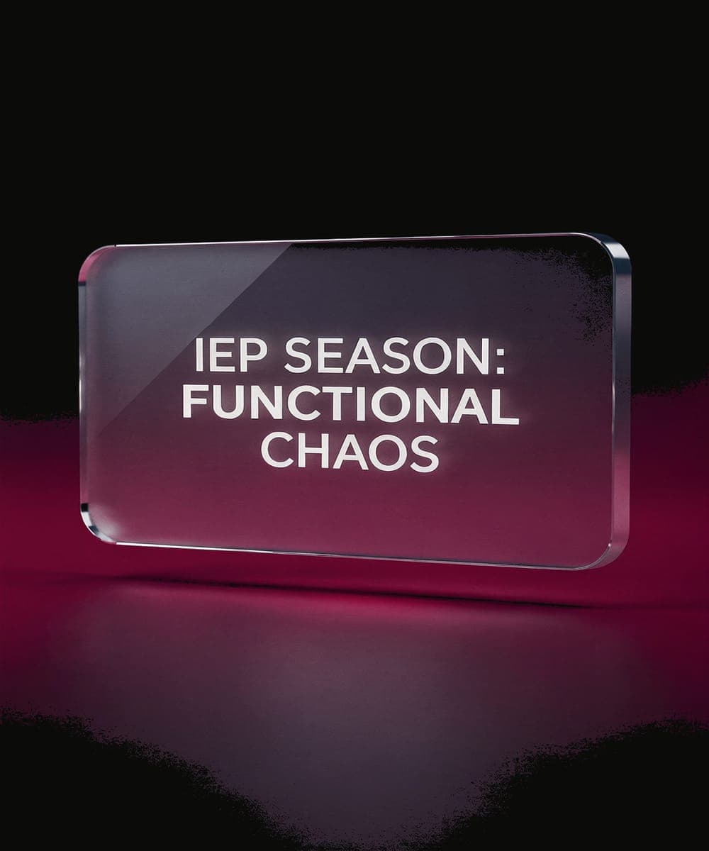 Etched plaque reading IEP Season: Functional Chaos glowing against deep red — category art for the education lane.